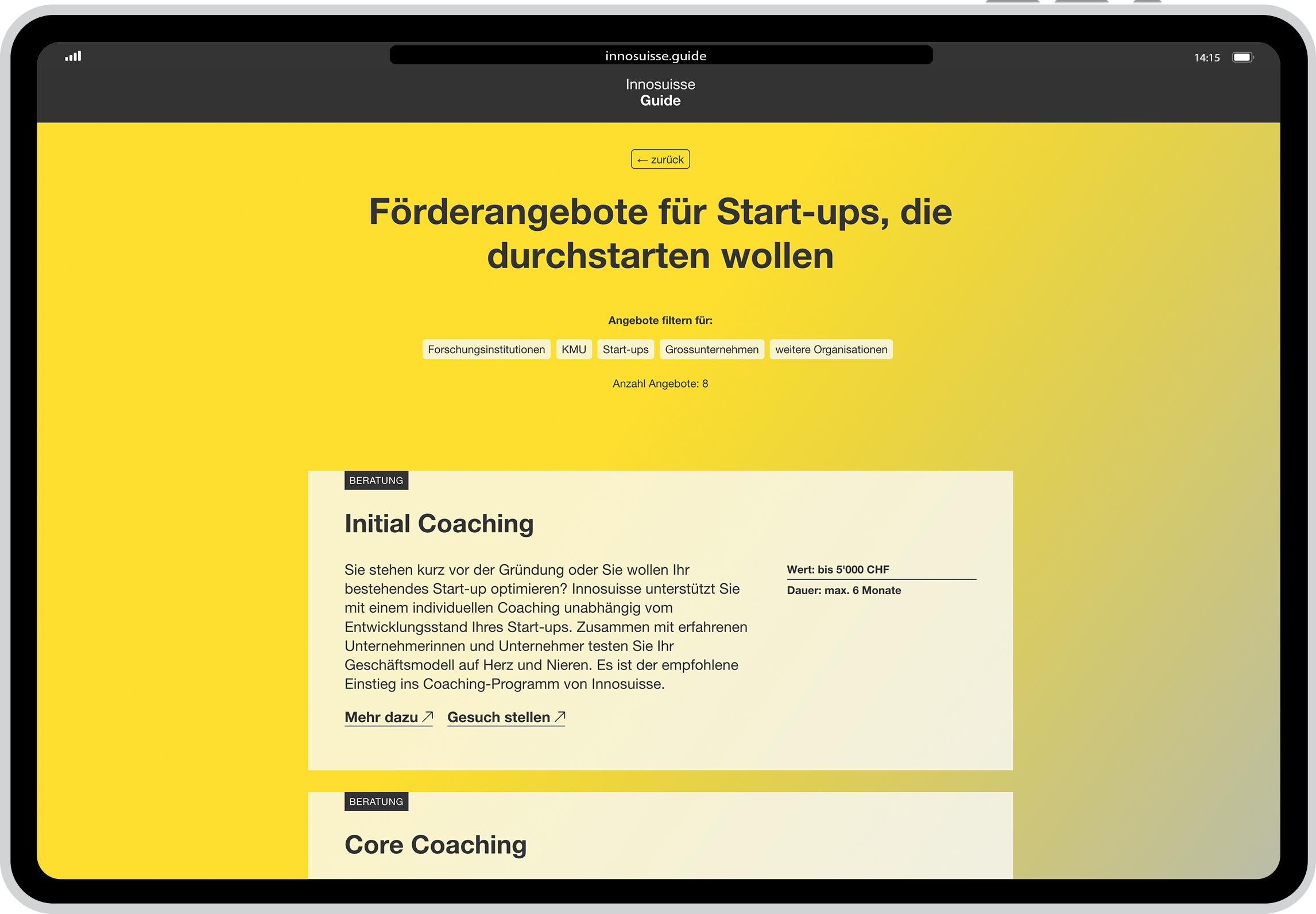 Unterstützungsangebote für innovative KMU und Start-ups rasch zur Hand.